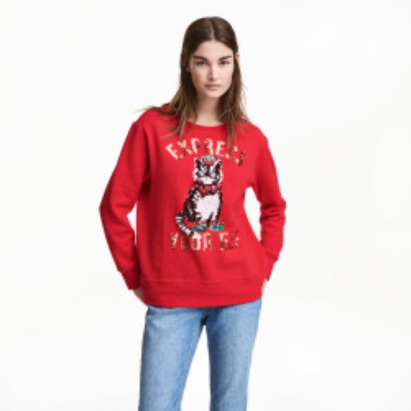 H&M Red Express Your Elf Cat Sequin Holiday Sweater - Picture 1 of 6